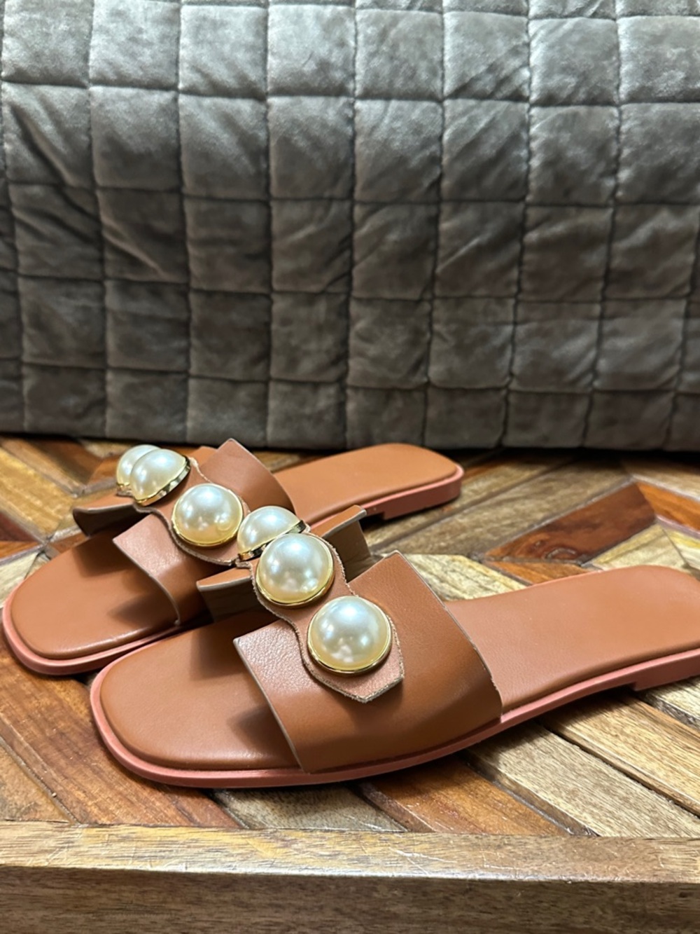 Brown Pearl-Accent Women’s Slide Sandals